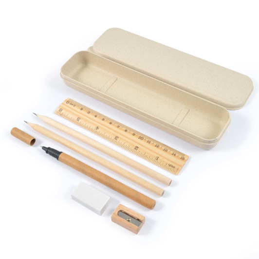 A stationery set featuring a beige case, pencils, a ruler, an eraser, a sharpener, and a pen.
