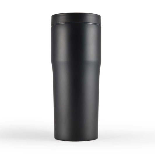A drink bottle with a sleek, matte black finish and a black lid, featuring a rounded body and branded logo.