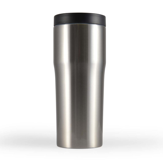 A drink bottle featuring a sleek stainless steel design with a black lid, intended for travel use.