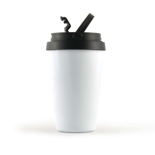 A drink bottle with a white body and a black lid featuring a flip-top opening.