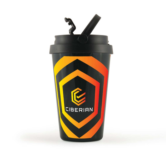 A drink bottle in black with an orange and yellow geometric design, featuring a lid with a straw and a logo.