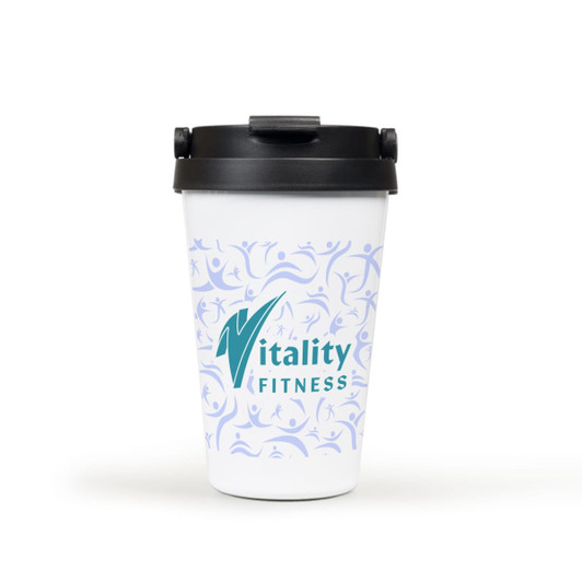 A drink bottle featuring a white body with a black lid and a decorative pattern, along with a logo.