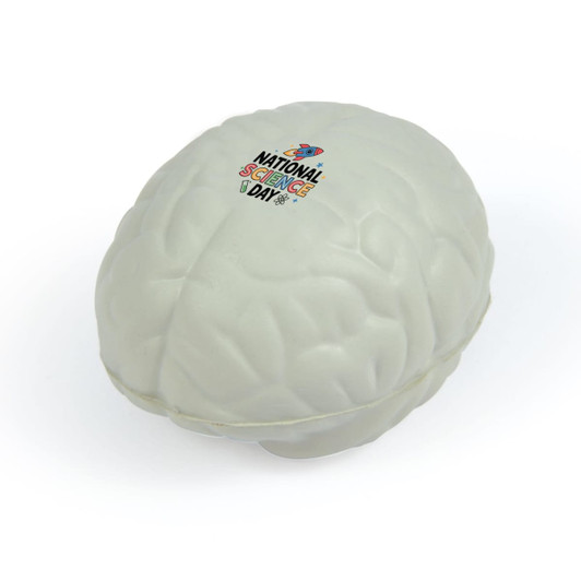 A white brain-shaped stress ball with a logo on the surface, designed for stress relief and fun.
