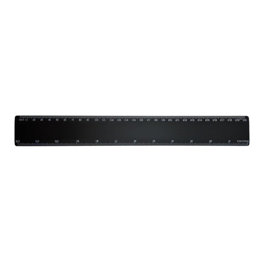 A black 30cm ruler featuring metric markings, with a logo on one side.
