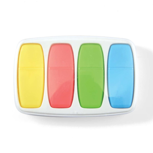 A set of four highlighters in yellow, red, green, and blue, arranged in a compact case.
