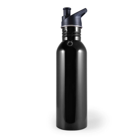 A drink bottle in shiny black with a dark blue cap and a flip-top spout. It features a logo.