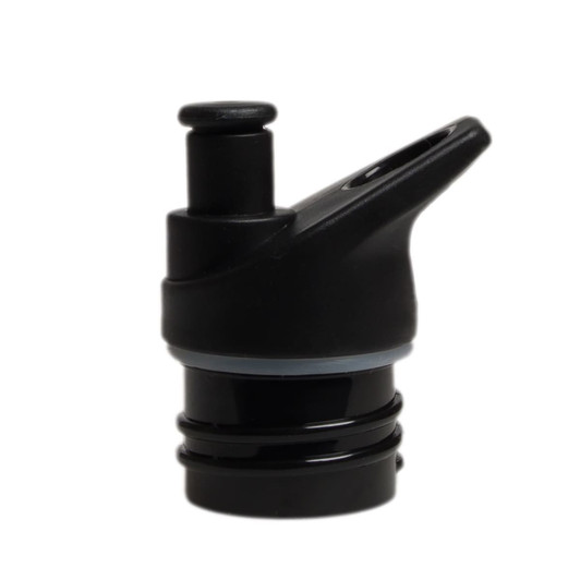 A drink bottle lid in black, featuring a spout and an internal rubber seal for a secure fit.