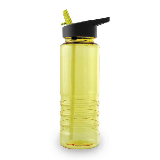 A drink bottle with a bright yellow body and a black flip-top lid, featuring a built-in straw for easy sipping.