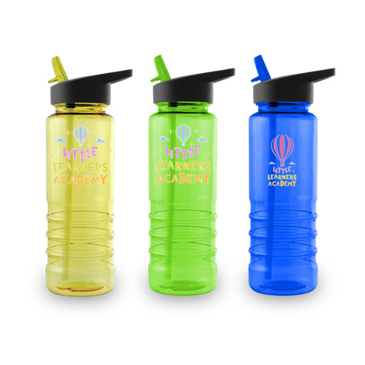 A drink bottle in yellow, green, and blue, each featuring a black flip-top lid and a straw. Each bottle has a logo.