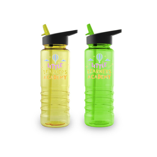 A drink bottle set featuring a yellow and a green bottle, each with a straw and a logo.