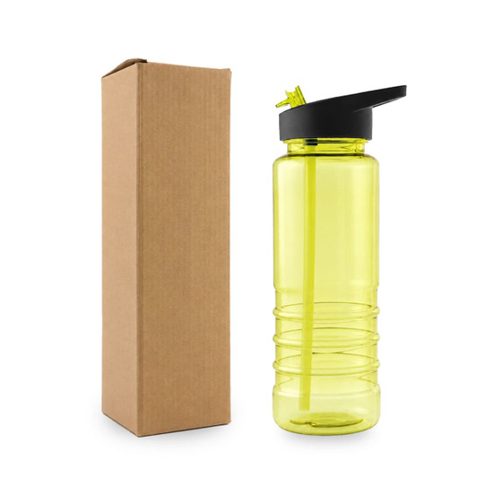 A drink bottle in bright yellow with a black lid and straw, accompanied by a brown cardboard box.