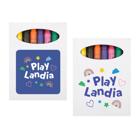 A colorful crayon set in a white box featuring various colors, including yellow, purple, and green, with playful branding.
