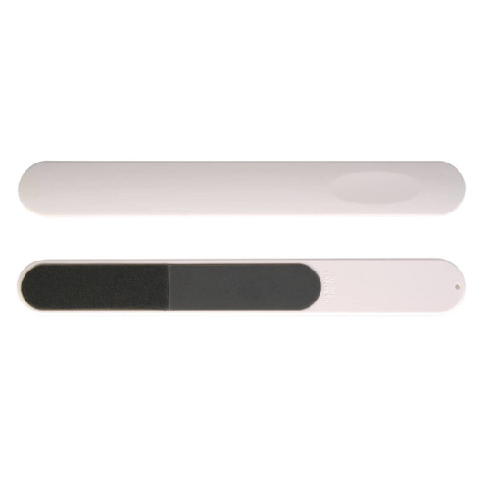 A nail file with a smooth surface and a contrasting grit side, presented in a sleek, minimalistic design.