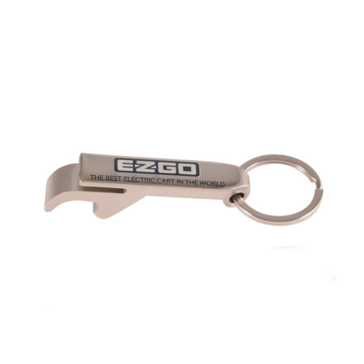 A drink bottle opener keytag in silver with a keyring attachment, featuring a brand logo.