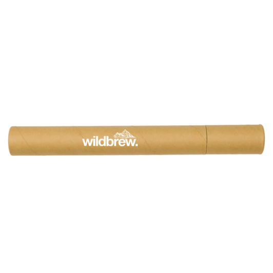 A cylindrical brown packaging tube with a logo printed on it.