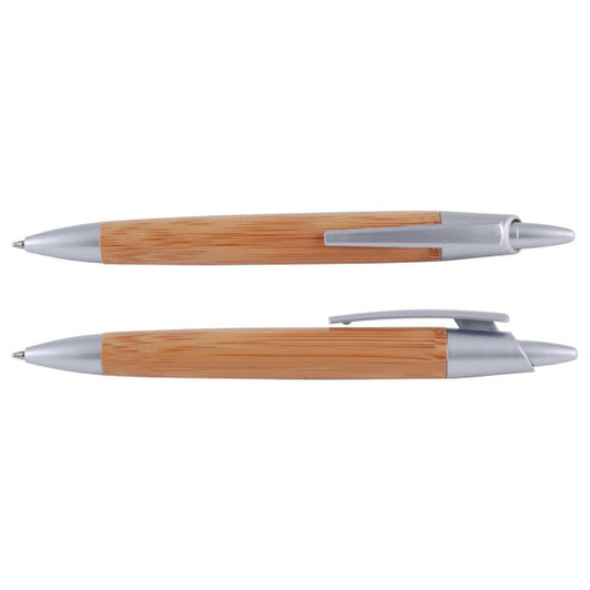 A bamboo pen featuring a sleek design with a bamboo barrel and silver accents.