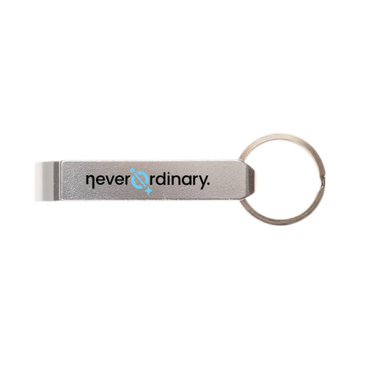 A drink bottle opener keytag in metallic silver with a circular keyring and a logo.