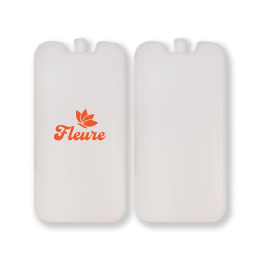 A white cooler brick with a logo design, featuring an orange floral motif on one side.