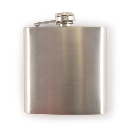 A stainless steel hip flask with a smooth finish and a screw-down cap.