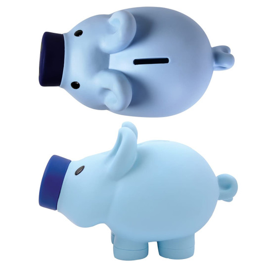 A pig-shaped coin bank featuring a soft blue color and a playful design, complete with a blue top hat.