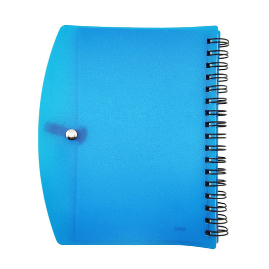 A blue spiral notebook with a cover and a button closure, featuring black spiral binding.