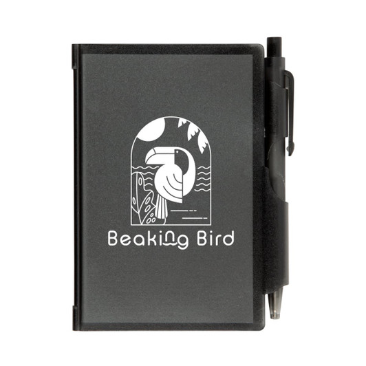 A black Odyssey Pocket Notebook featuring a design with "Beaking Bird" and accompanied by a pen attached to the cover.