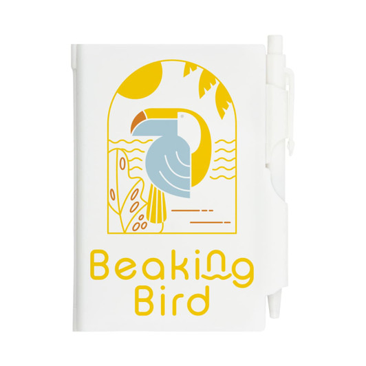 A pocket notebook featuring a colorful bird design and the text "Beaking Bird," accompanied by a pen.