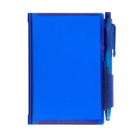 A blue pocket notebook with a pen attached. The notebook features a simple cover design and is compact in size.