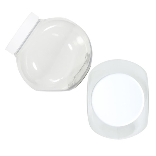 A clear plastic container with a round base and a fitted lid, featuring a smooth surface and glossy finish.