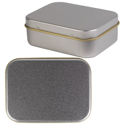 A silver rectangular tin with a lid, showcasing a sleek design ideal for storing pens or similar items.