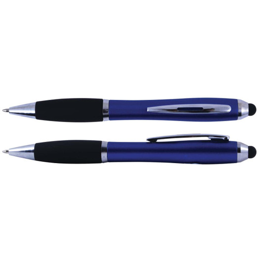 A blue pen and stylus with a black grip and silver accents. The stylus tip is on one end.