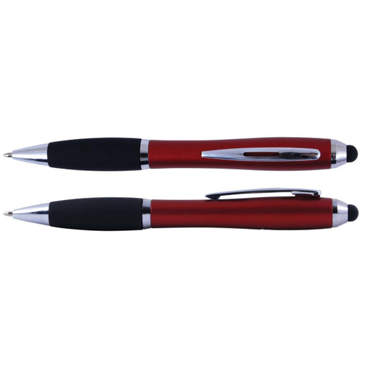 A red and black pen and stylus combo featuring chrome accents and a smooth grip. Includes a logo.