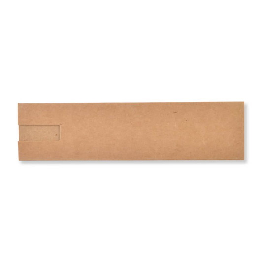 A cardboard packaging sleeve in a neutral brown color, designed to hold a pen or similar item.