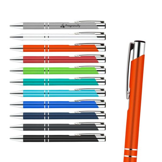 A collection of metal pens in various colours, including orange, red, green, blue, and black, with a logo on some.