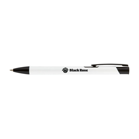 A black and white metal pen with a logo on the side. The pen features a smooth design for writing.