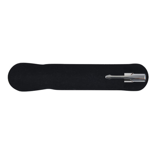 A metal pen is displayed on a black velvet-like surface. The pen features a sleek, polished design with a shiny finish.
