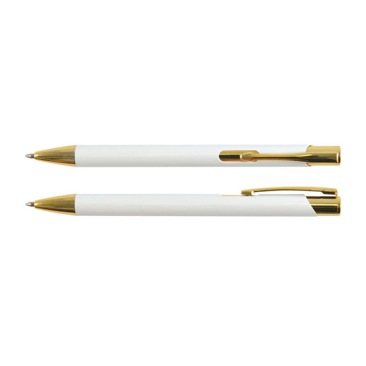 A gold edition metal pen with a sleek white body and gold accents, positioned above another identical pen.