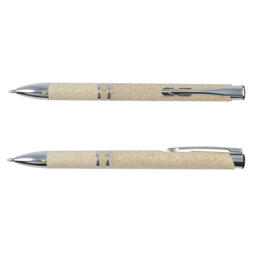 A beige eco pen with a sleek design, featuring a chrome clip and accents. The pen has a logo on the side.