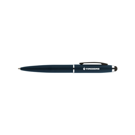 A stylus pen in navy blue with a silver band and a brand logo on the side.