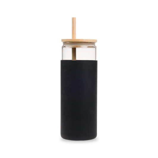 A glass tumbler with a black silicone sleeve and a wooden lid featuring a straw.