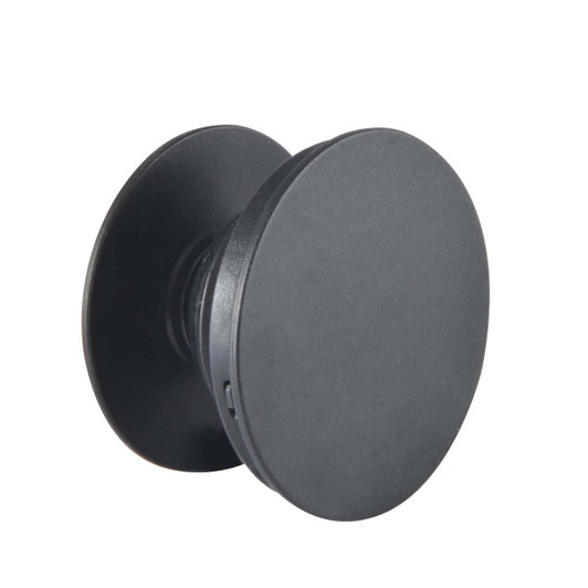 A black phone grip with a circular design, featuring a smooth surface and a branding logo.