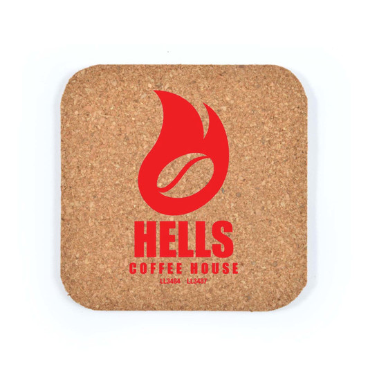 A square cork coaster featuring a red flame design alongside the text "HELLS COFFEE HOUSE."