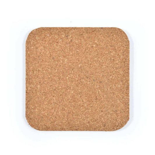 A square cork coaster in a natural brown color, featuring rounded edges and a textured surface.