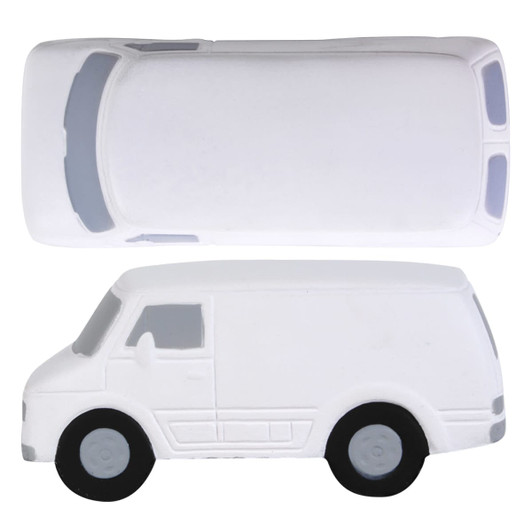 A white transit van stress reliever featuring black wheels and detailed windows. It has a simple design and a logo.