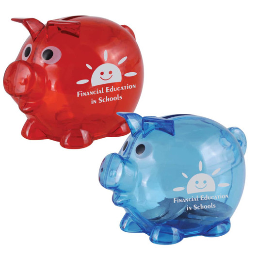 A red and blue pig-shaped coin bank with a smiling face and a logo on each.