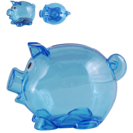 A blue pig-shaped coin bank in two sizes, with a round, transparent design and cartoonish features.
