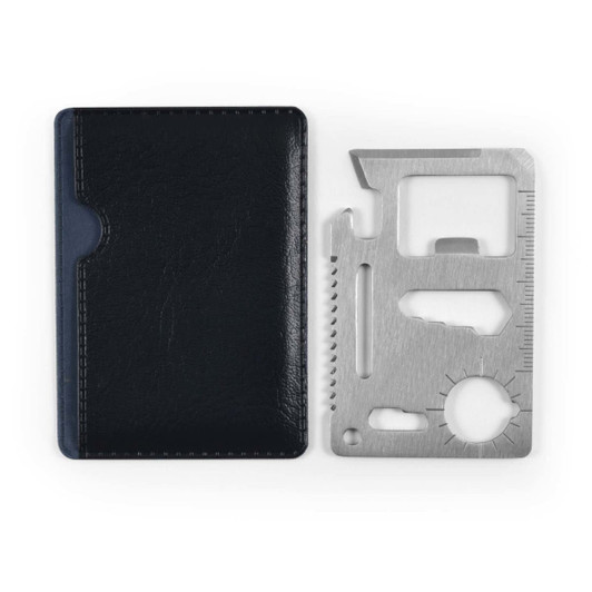 A black pouch containing a silver multi-tool, designed with various functions and measurements.