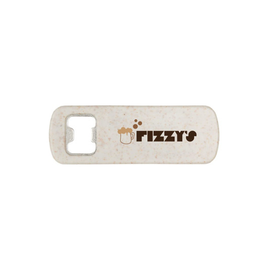 A drink bottle opener in white with a logo design. It features a keyring loop for easy attachment.