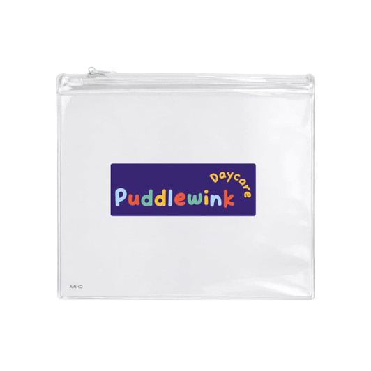A clear pencil case featuring a bright, multicoloured logo for "Puddlewink Daycare."