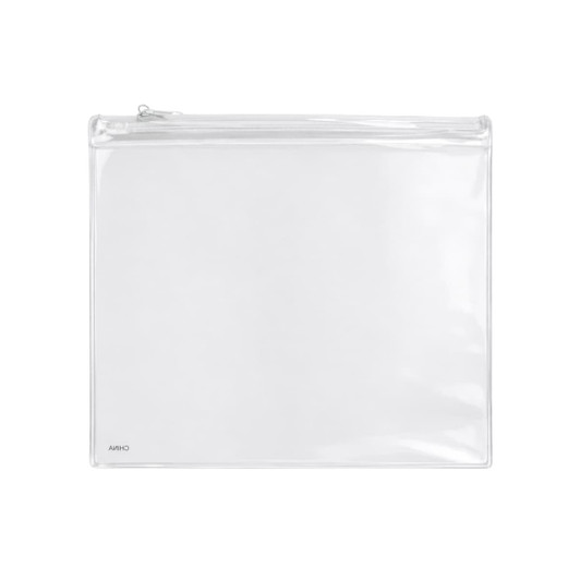 A clear pencil case with a zip closure, featuring a transparent design and a logo in the bottom corner.